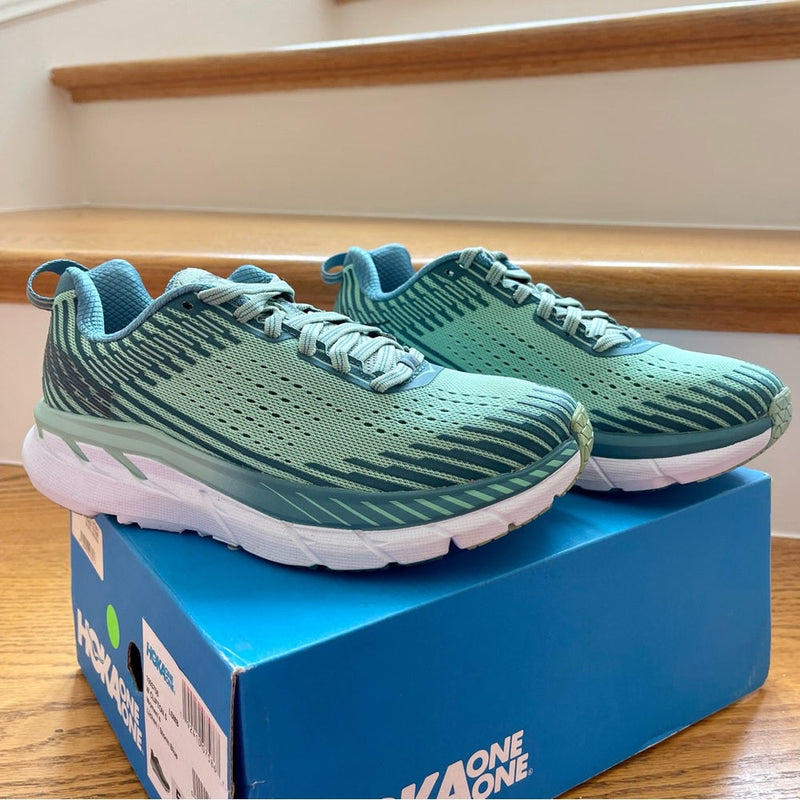 Load image into Gallery viewer, Hoka Clifton 5 Women’s in Lichen / Storm Blue , Brand New Hoka One One
