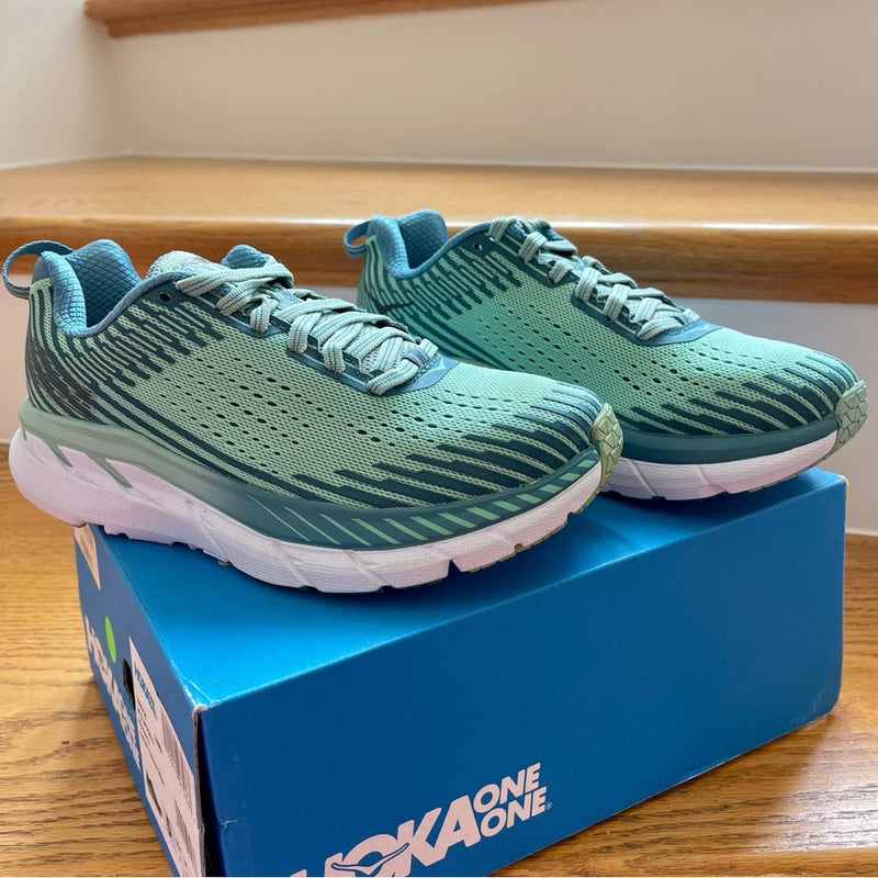 Load image into Gallery viewer, Hoka Clifton 5 Women’s in Lichen / Storm Blue , Brand New Hoka One One
