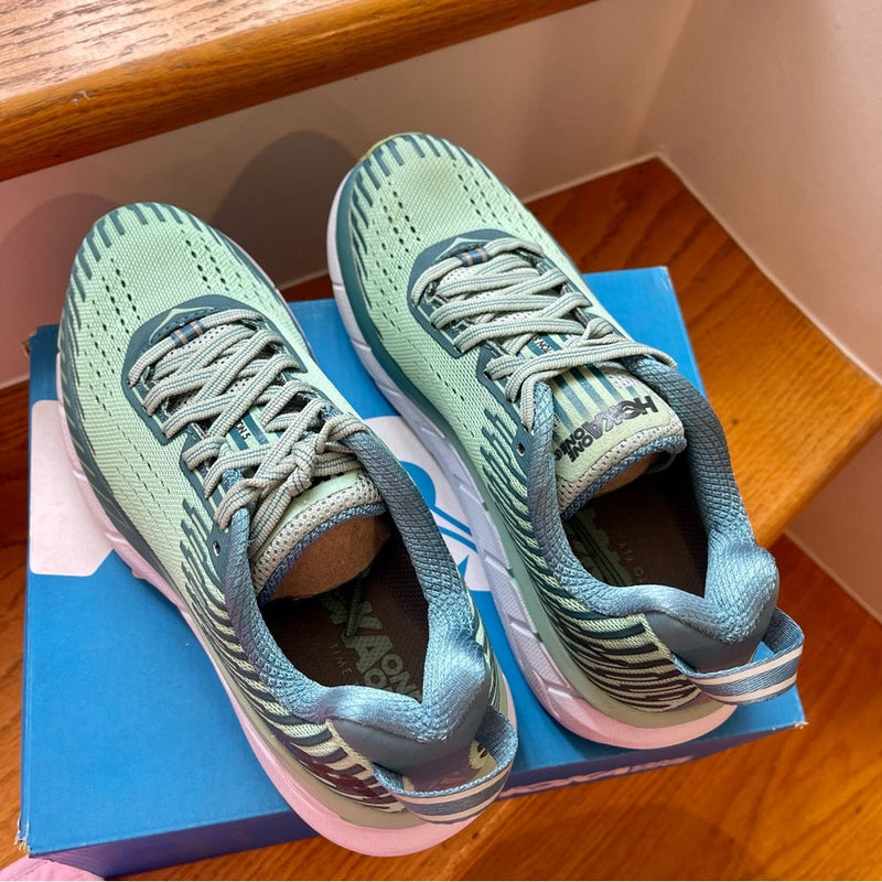 Load image into Gallery viewer, Hoka Clifton 5 Women’s in Lichen / Storm Blue , Brand New Hoka One One
