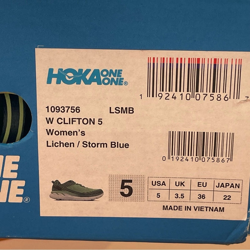 Load image into Gallery viewer, Hoka Clifton 5 Women’s in Lichen / Storm Blue , Brand New Hoka One One
