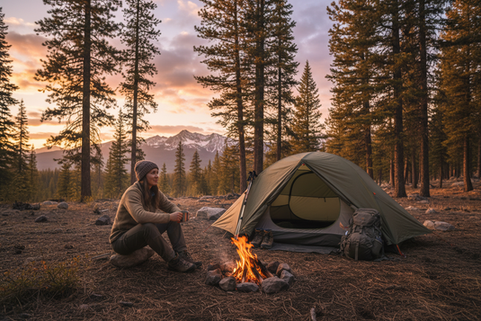 woman sitting by fire at her camp site