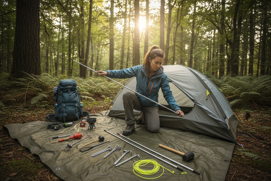 Tent setup with female hiker at campsite