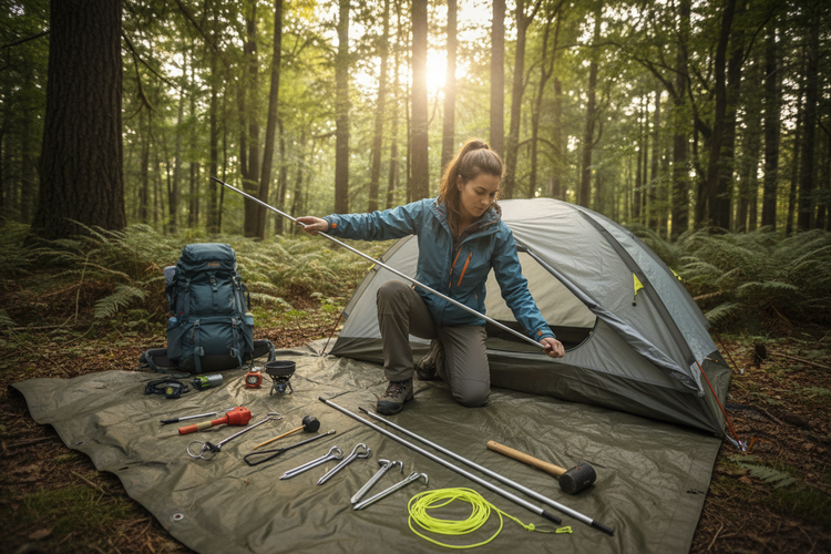 Tent setup with female hiker at campsite